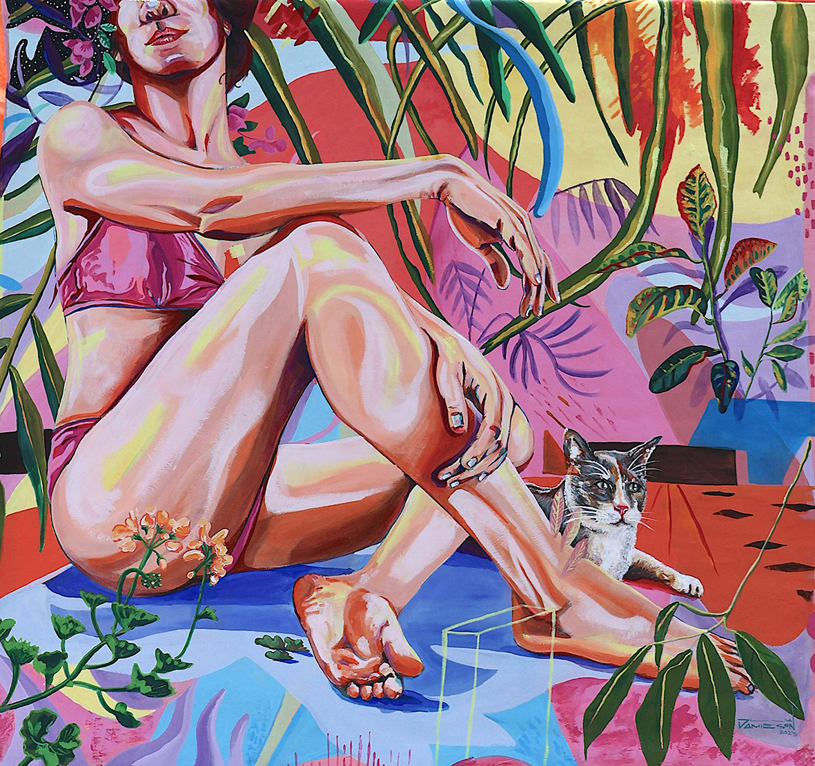 Lila Jamieson, Bañista y gato, acrílico / lienzo de algodón, 150 x 150 cm, 2023. 