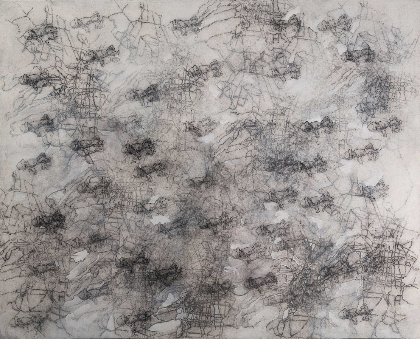 La ciudad futura, 2018, estarcido y óleo/tela, 130 × 160 cm