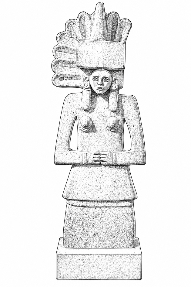 Dibujo de una estatua identificada como Tlazoltéotl que se resguarda en el Museo Británico. Dibujo generado con ChatGPT/OpenAI.